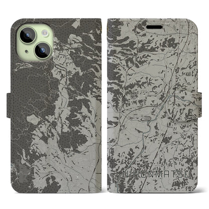 【二本松（福島県）】地図柄iPhoneケース（手帳タイプ）モノトーン・iPhone 15 用