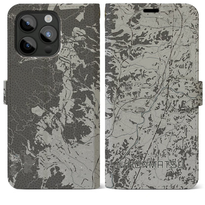 【二本松（福島県）】地図柄iPhoneケース（手帳タイプ）モノトーン・iPhone 15 Pro Max 用