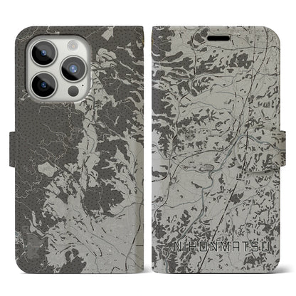 【二本松（福島県）】地図柄iPhoneケース（手帳タイプ）モノトーン・iPhone 15 Pro 用