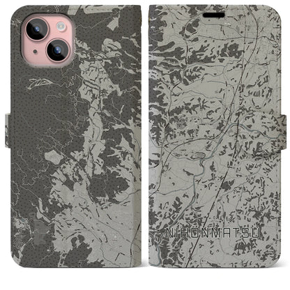 【二本松（福島県）】地図柄iPhoneケース（手帳タイプ）モノトーン・iPhone 15 Plus 用