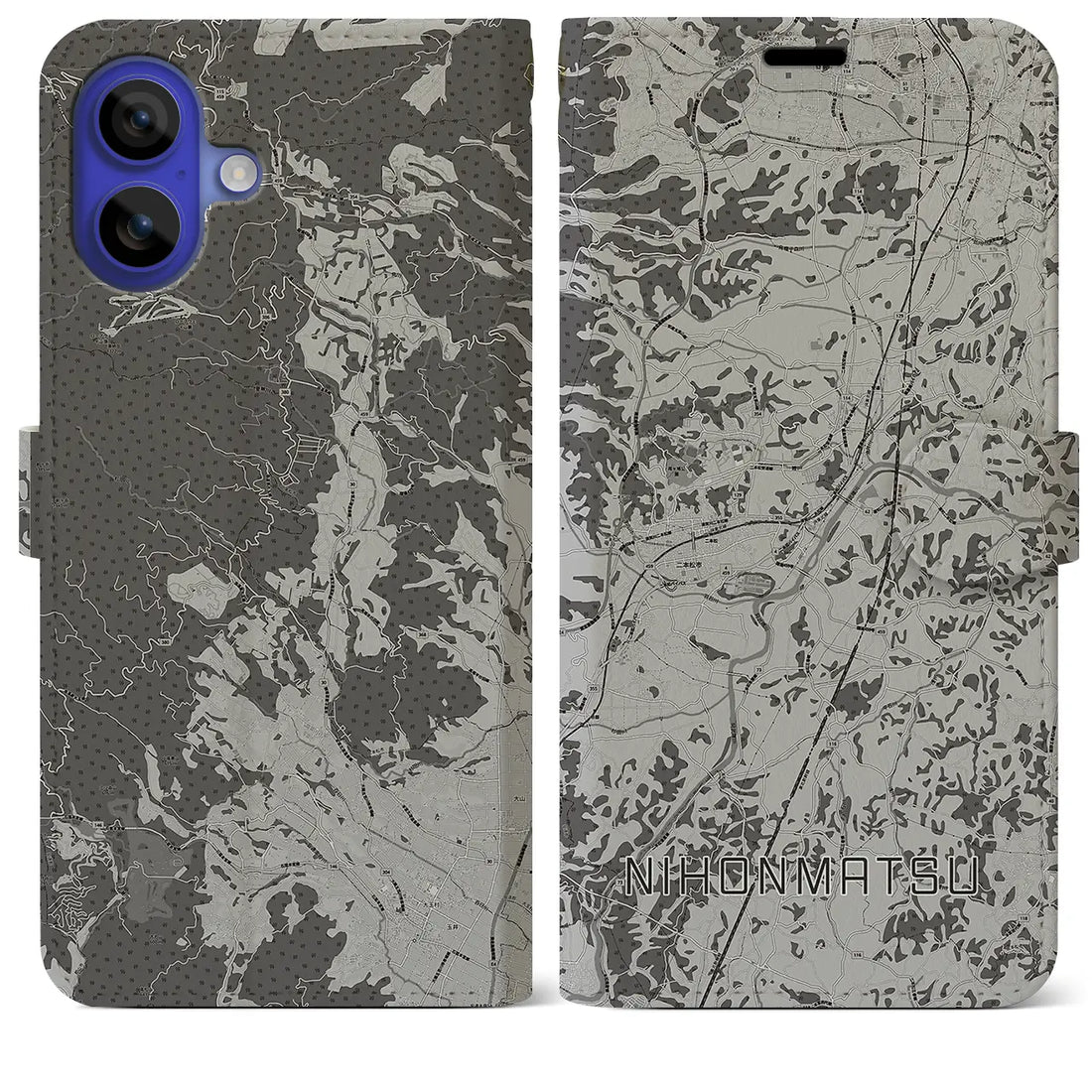 【二本松(福島県)】地図柄iPhoneケース(手帳タイプ)モノトーン・iPhone 16 Pro Max 用