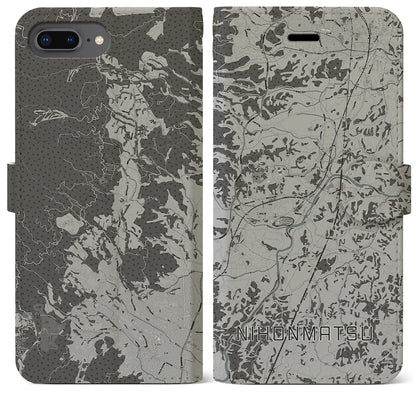 【二本松（福島県）】地図柄iPhoneケース（手帳タイプ）モノトーン・iPhone 8Plus /7Plus / 6sPlus / 6Plus 用