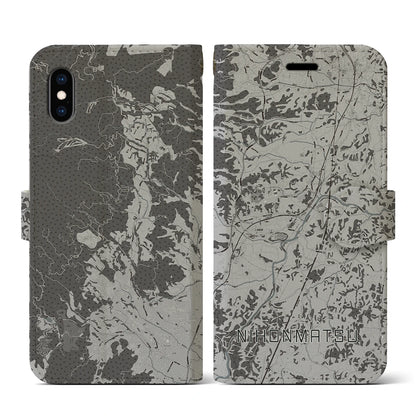 【二本松（福島県）】地図柄iPhoneケース（手帳タイプ）モノトーン・iPhone XS / X 用