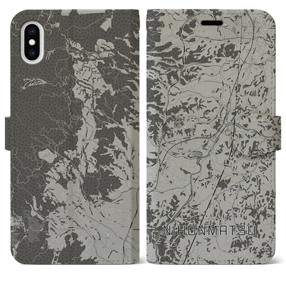 【二本松（福島県）】地図柄iPhoneケース（手帳タイプ）モノトーン・iPhone XS Max 用