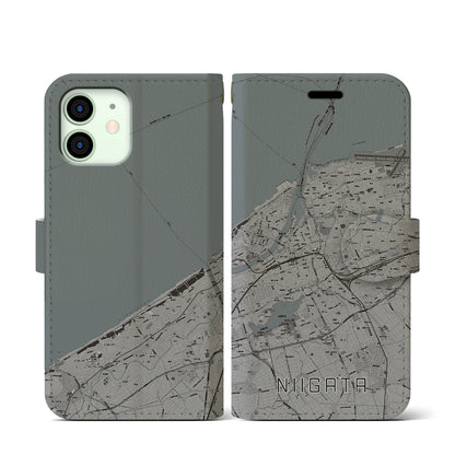 【新潟（新潟県）】地図柄iPhoneケース（手帳タイプ）モノトーン・iPhone 12 mini 用