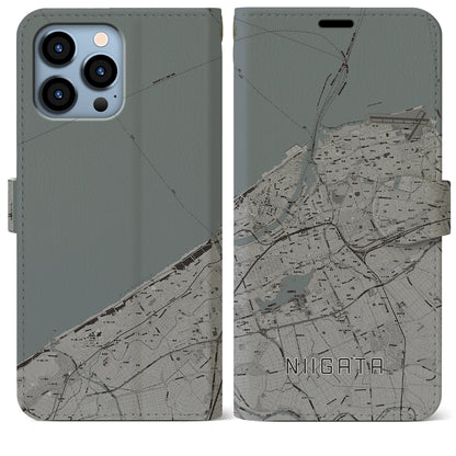 【新潟（新潟県）】地図柄iPhoneケース（手帳タイプ）モノトーン・iPhone 13 Pro Max 用