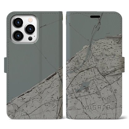 【新潟（新潟県）】地図柄iPhoneケース（手帳タイプ）モノトーン・iPhone 13 Pro 用