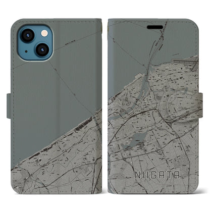 【新潟（新潟県）】地図柄iPhoneケース（手帳タイプ）モノトーン・iPhone 13 用