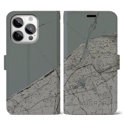 【新潟（新潟県）】地図柄iPhoneケース（手帳タイプ）モノトーン・iPhone 14 Pro 用