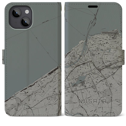 【新潟（新潟県）】地図柄iPhoneケース（手帳タイプ）モノトーン・iPhone 14 Plus 用