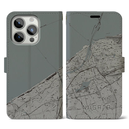 【新潟（新潟県）】地図柄iPhoneケース（手帳タイプ）モノトーン・iPhone 15 Pro 用