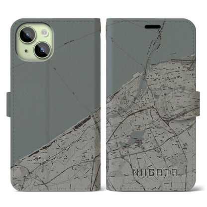 【新潟（新潟県）】地図柄iPhoneケース（手帳タイプ）モノトーン・iPhone 15 用