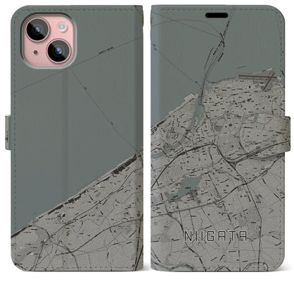 【新潟（新潟県）】地図柄iPhoneケース（手帳タイプ）モノトーン・iPhone 15 Plus 用