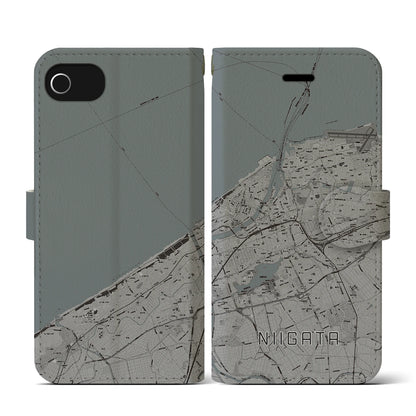 【新潟（新潟県）】地図柄iPhoneケース（手帳タイプ）モノトーン・iPhone SE（第3 / 第2世代） / 8 / 7 / 6s / 6 用