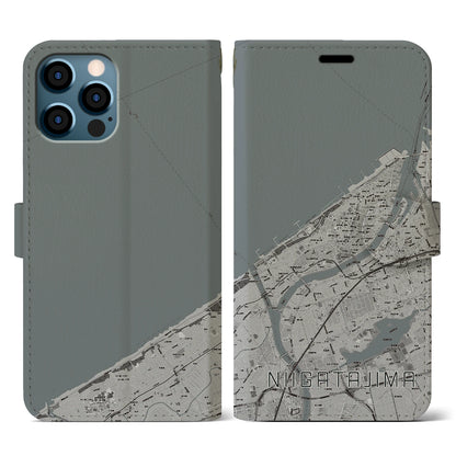 【新潟島（新潟県）】地図柄iPhoneケース（手帳タイプ）モノトーン・iPhone 12 / 12 Pro 用