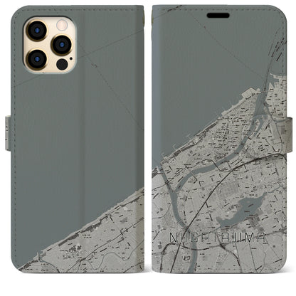 【新潟島（新潟県）】地図柄iPhoneケース（手帳タイプ）モノトーン・iPhone 12 Pro Max 用