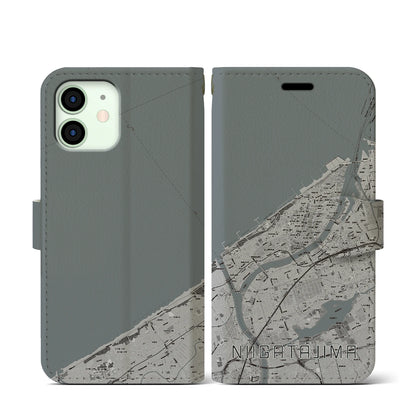 【新潟島（新潟県）】地図柄iPhoneケース（手帳タイプ）モノトーン・iPhone 12 mini 用