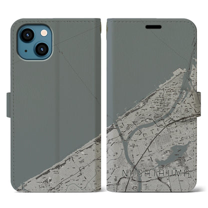 【新潟島（新潟県）】地図柄iPhoneケース（手帳タイプ）モノトーン・iPhone 13 用