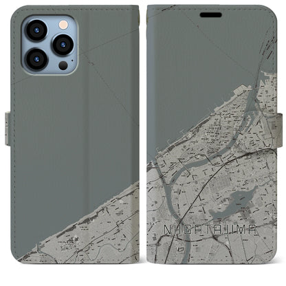 【新潟島（新潟県）】地図柄iPhoneケース（手帳タイプ）モノトーン・iPhone 13 Pro Max 用