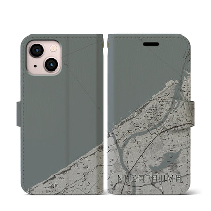 【新潟島（新潟県）】地図柄iPhoneケース（手帳タイプ）モノトーン・iPhone 13 mini 用