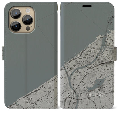 【新潟島（新潟県）】地図柄iPhoneケース（手帳タイプ）モノトーン・iPhone 14 Pro Max 用