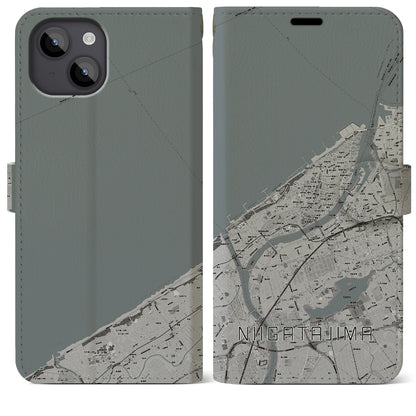 【新潟島（新潟県）】地図柄iPhoneケース（手帳タイプ）モノトーン・iPhone 14 Plus 用