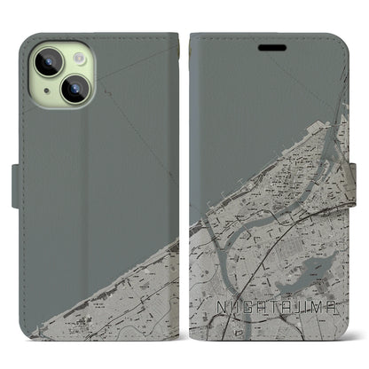 【新潟島（新潟県）】地図柄iPhoneケース（手帳タイプ）モノトーン・iPhone 15 用