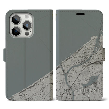 【新潟島（新潟県）】地図柄iPhoneケース（手帳タイプ）モノトーン・iPhone 15 Pro 用