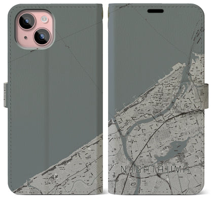 【新潟島（新潟県）】地図柄iPhoneケース（手帳タイプ）モノトーン・iPhone 15 Plus 用