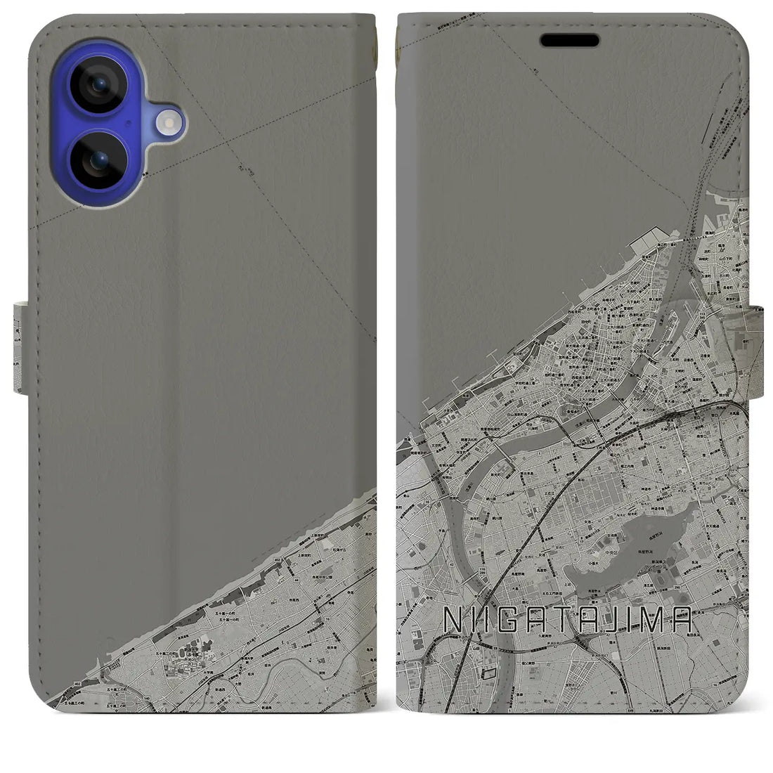 【新潟島(新潟県)】地図柄iPhoneケース(手帳タイプ)モノトーン・iPhone 16 Pro Max 用