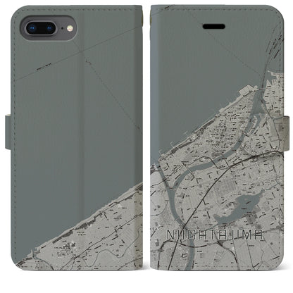 【新潟島（新潟県）】地図柄iPhoneケース（手帳タイプ）モノトーン・iPhone 8Plus /7Plus / 6sPlus / 6Plus 用