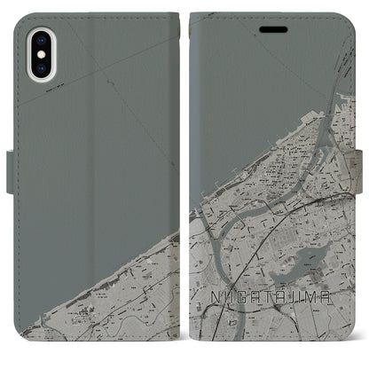 【新潟島（新潟県）】地図柄iPhoneケース（手帳タイプ）モノトーン・iPhone XS Max 用