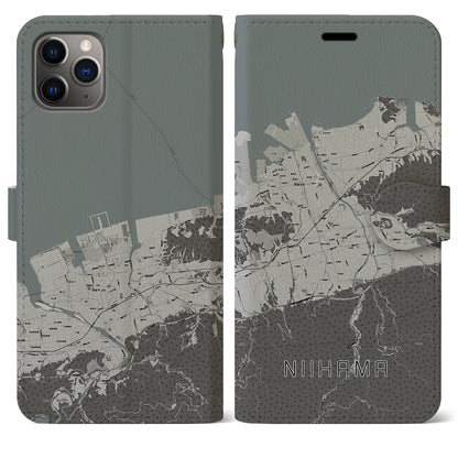 【新居浜（愛媛県）】地図柄iPhoneケース（手帳タイプ）モノトーン・iPhone 11 Pro Max 用