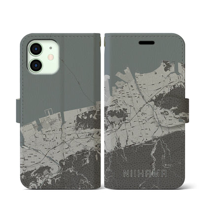 【新居浜（愛媛県）】地図柄iPhoneケース（手帳タイプ）モノトーン・iPhone 12 mini 用