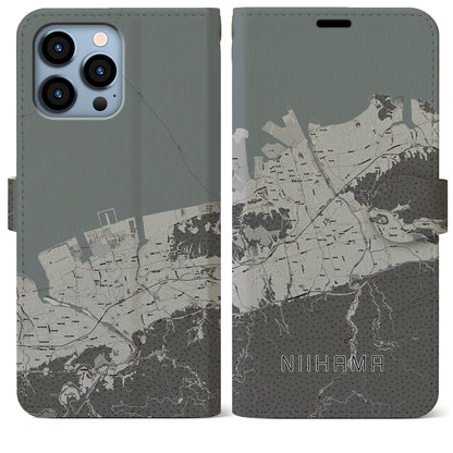 【新居浜（愛媛県）】地図柄iPhoneケース（手帳タイプ）モノトーン・iPhone 13 Pro Max 用
