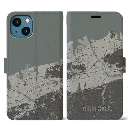 【新居浜（愛媛県）】地図柄iPhoneケース（手帳タイプ）モノトーン・iPhone 13 用