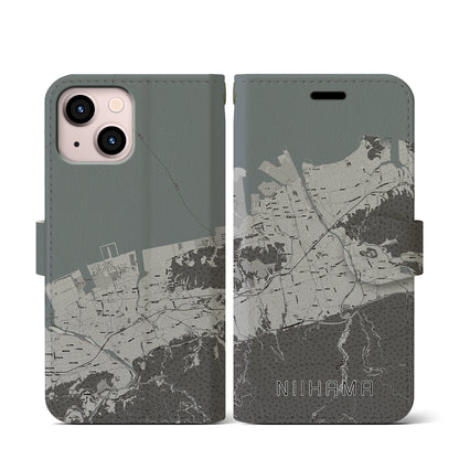 【新居浜（愛媛県）】地図柄iPhoneケース（手帳タイプ）モノトーン・iPhone 13 mini 用