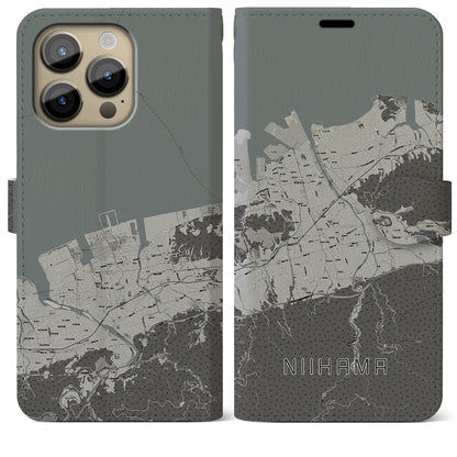 【新居浜（愛媛県）】地図柄iPhoneケース（手帳タイプ）モノトーン・iPhone 14 Pro Max 用