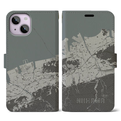 【新居浜（愛媛県）】地図柄iPhoneケース（手帳タイプ）モノトーン・iPhone 14 用