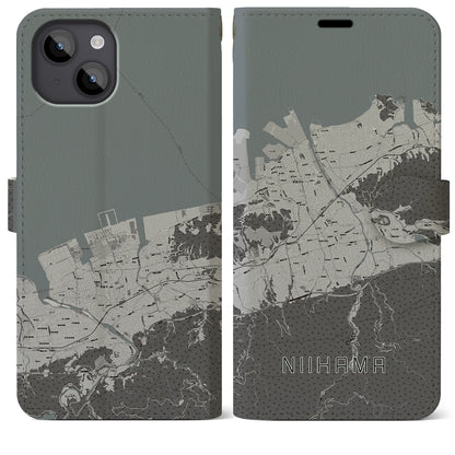 【新居浜（愛媛県）】地図柄iPhoneケース（手帳タイプ）モノトーン・iPhone 14 Plus 用