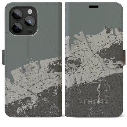 【新居浜（愛媛県）】地図柄iPhoneケース（手帳タイプ）モノトーン・iPhone 15 Pro Max 用