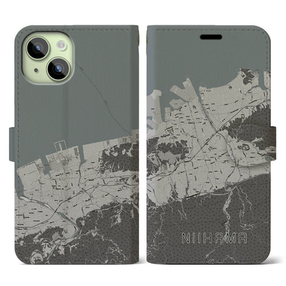 【新居浜（愛媛県）】地図柄iPhoneケース（手帳タイプ）モノトーン・iPhone 15 用