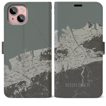 【新居浜（愛媛県）】地図柄iPhoneケース（手帳タイプ）モノトーン・iPhone 15 Plus 用