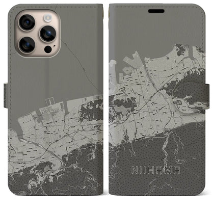 【新居浜（愛媛県）】地図柄iPhoneケース（手帳タイプ）モノトーン・iPhone 16 Plus 用