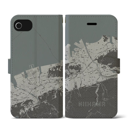 【新居浜（愛媛県）】地図柄iPhoneケース（手帳タイプ）モノトーン・iPhone SE（第3 / 第2世代） / 8 / 7 / 6s / 6 用