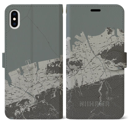 【新居浜（愛媛県）】地図柄iPhoneケース（手帳タイプ）モノトーン・iPhone XS Max 用