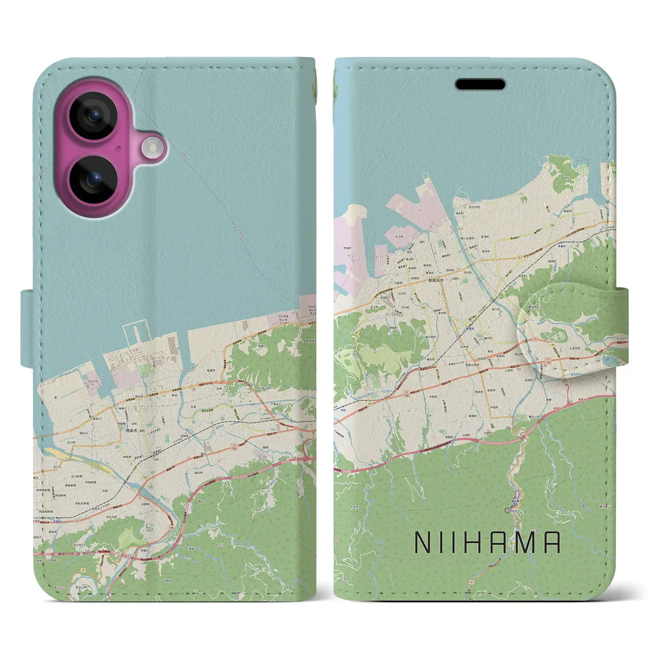 【新居浜（愛媛県）】地図柄iPhoneケース（手帳タイプ）ナチュラル・iPhone 16 Pro 用