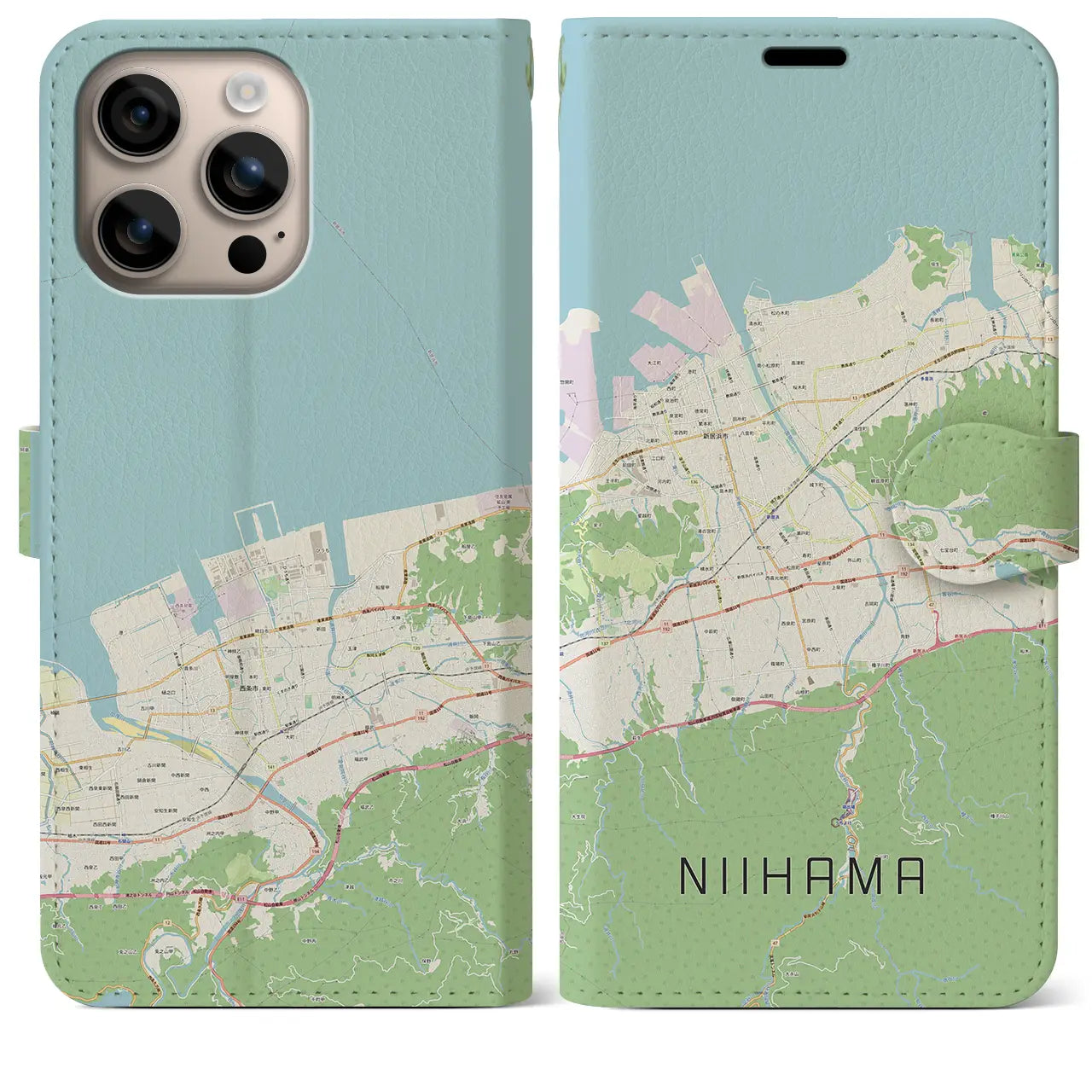 【新居浜（愛媛県）】地図柄iPhoneケース（手帳タイプ）ナチュラル・iPhone 16 Plus 用