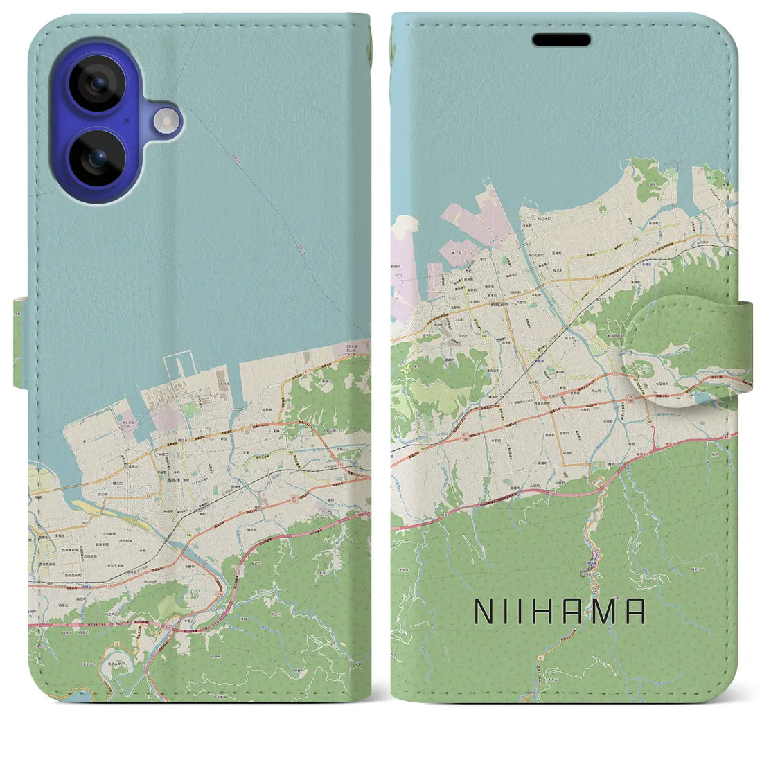 【新居浜（愛媛県）】地図柄iPhoneケース（手帳タイプ）ナチュラル・iPhone 16 Pro Max 用