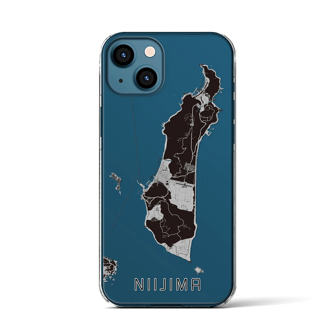 【新島（東京都）】地図柄iPhoneケース（クリアタイプ）モノトーン・iPhone 13 用